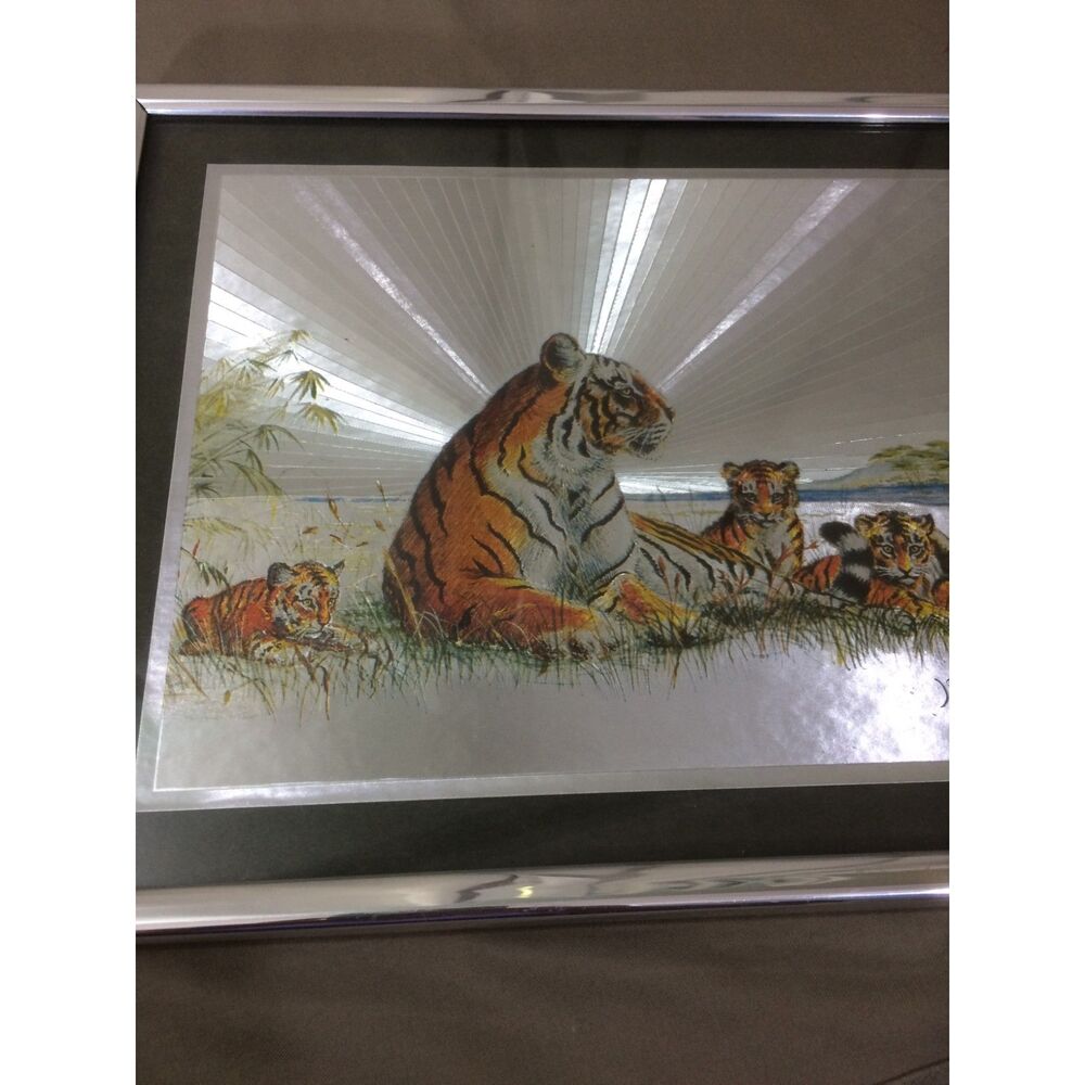 Josephine Marsh Signed Tiger Cubs Metallic Foil Print Framed Wildlife Art 1980